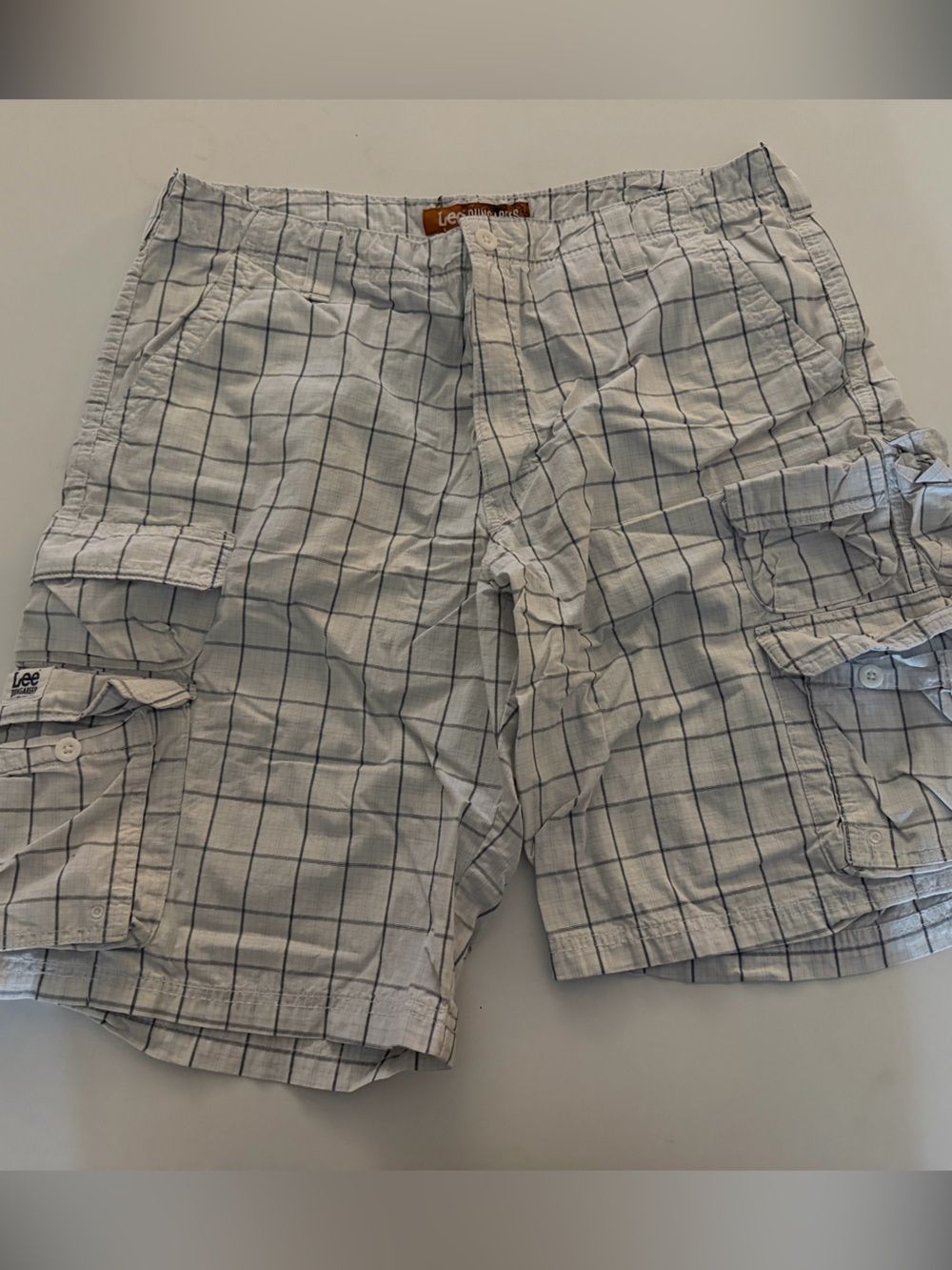 Lee Plaid Windowpane Cargo Shorts in White and Navy
